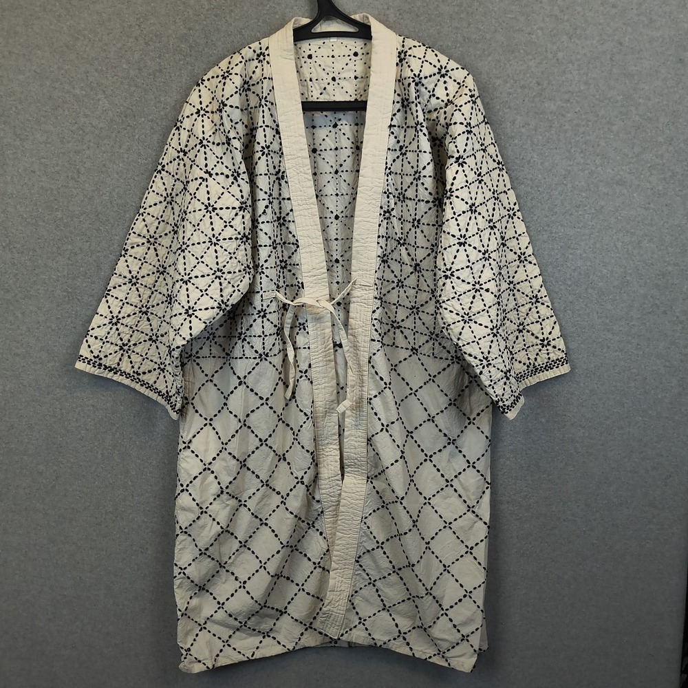 Cream and Black Patterned Cotton Robe - Women's Kimono Style